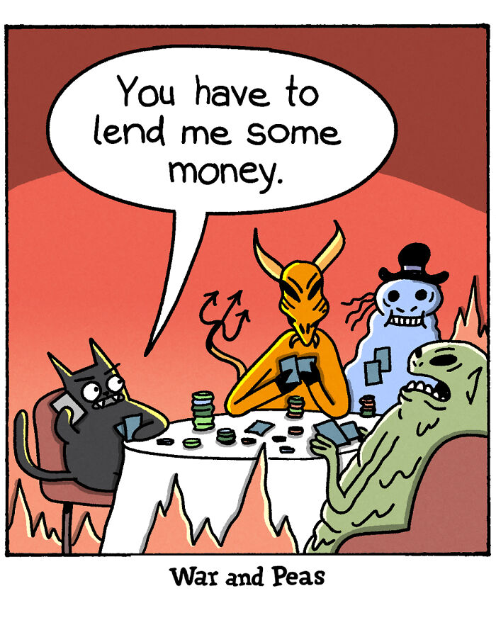 War and Peas comic panel with a cartoon cat holding a phone saying you have to come home in a red background.