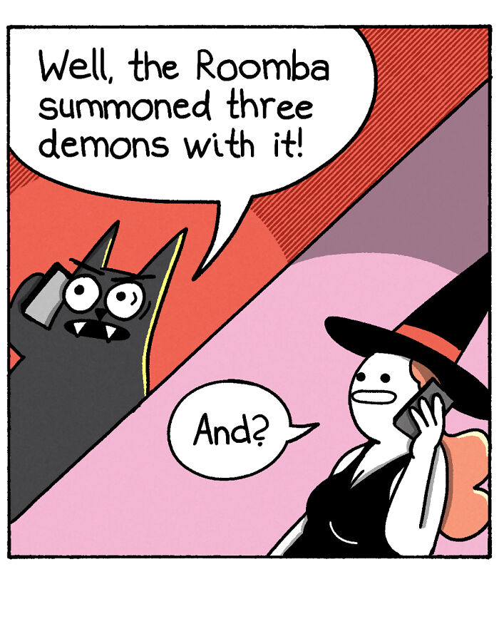 War and Peas comic panel with a cartoon cat holding a phone saying you have to come home in a red background.