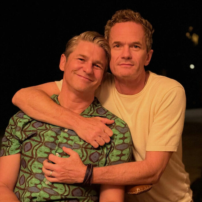 Two men posing closely together at night, unrelated to Neil Patrick Harris' daughter Harper or Wicked premiere. Two men posing closely together at night, unrelated to Neil Patrick Harris' daughter Harper or Wicked premiere.