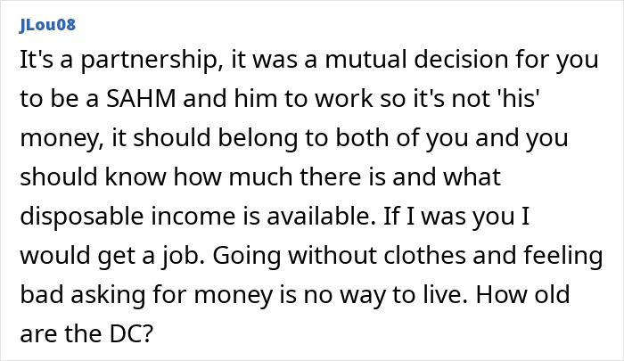 Comment about partnership and finances, advising on asking husband for money while feeling sick and struggling. Comment about partnership and finances, advising on asking husband for money while feeling sick and struggling.