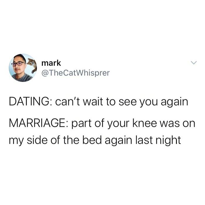 Tweet about relatable parenting and marriage moments highlighting the shift from dating excitement to marriage realities.