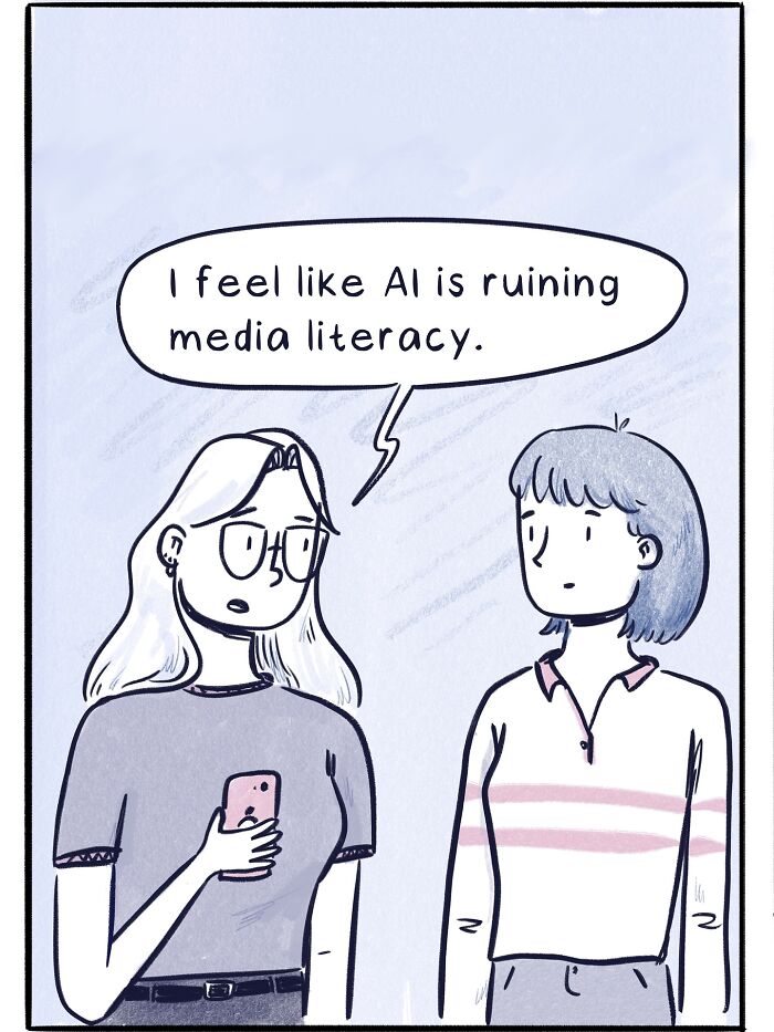 Comic showing social media scam with AI-generated photos, highlighting funny and honest comics about life’s moments by Gabrielle Drolet.