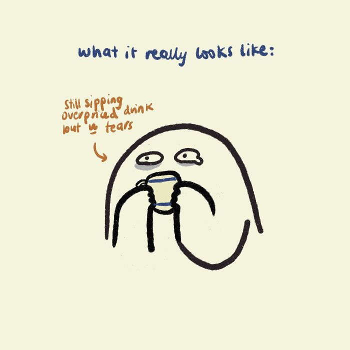 Simple doodle of a character sipping coffee, illustrating relatable everyday thoughts about being an adult.