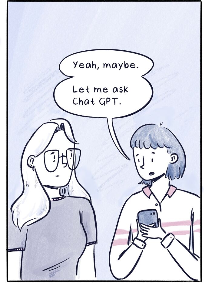 Comic showing social media scam with AI-generated photos, highlighting funny and honest comics about life’s moments by Gabrielle Drolet.