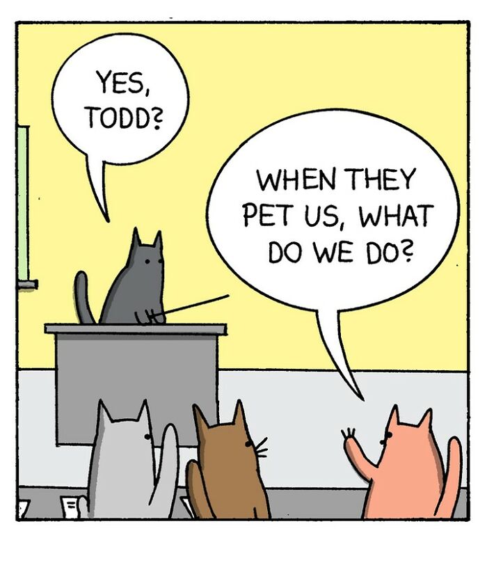 War and Peas comic strip showing cats in a classroom with a dark, absurd, and funny lesson on cuteness.