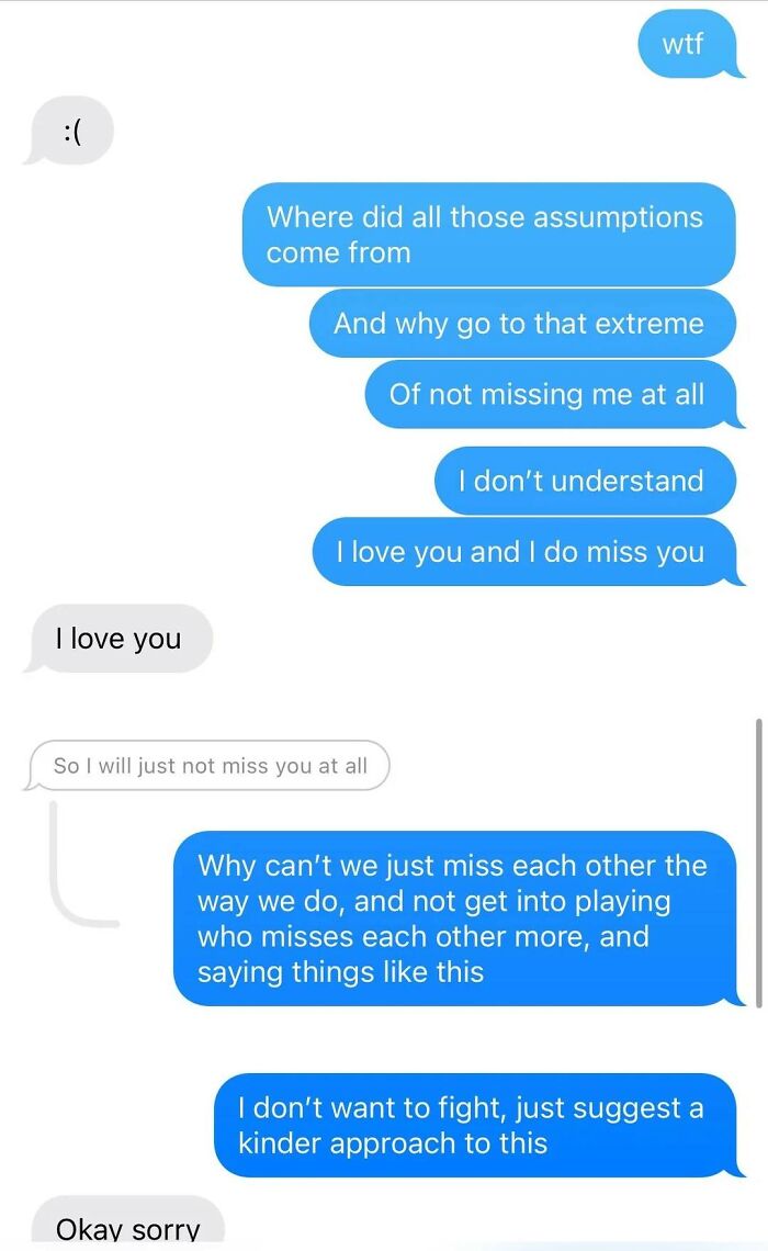 Text message conversation showing emotional tension and confusion in a messy relationship shared online instead of therapy.