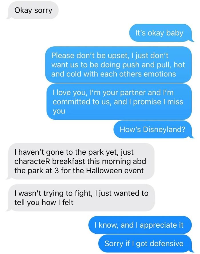 Text message conversation showing emotional tension and confusion in a messy relationship shared online instead of therapy.