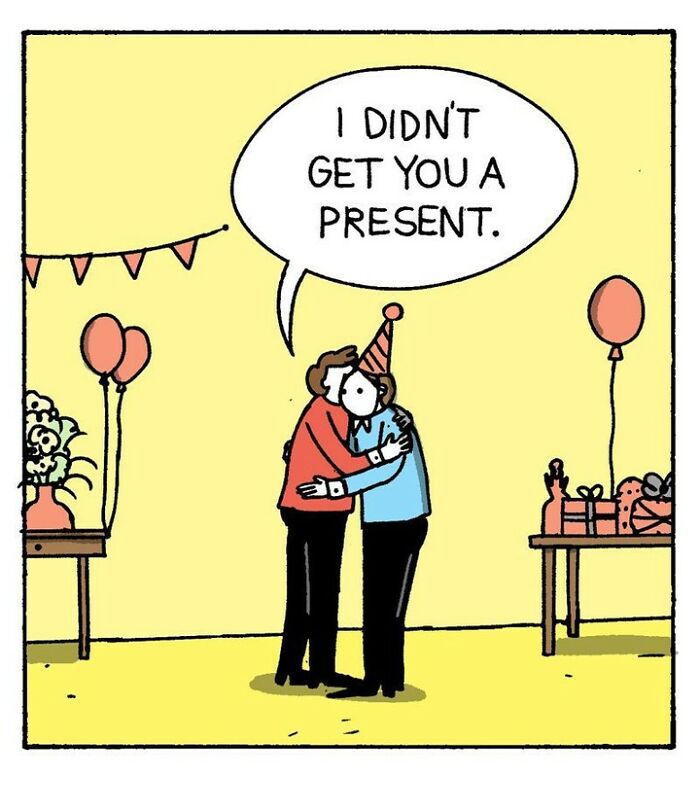 War and Peas comic panel showing two characters at a minimalistic birthday party with balloons and presents.