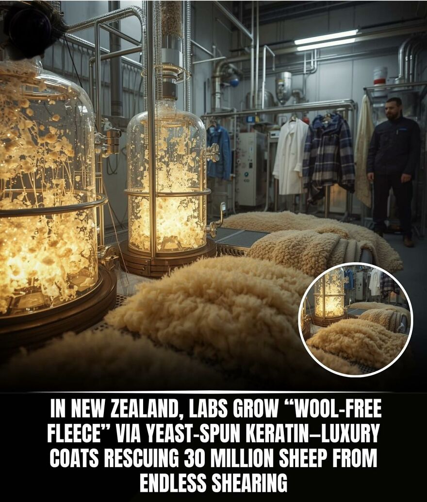Laboratory growing wool-free fleece with yeast-spun keratin in New Zealand highlighting innovative facts about new things.