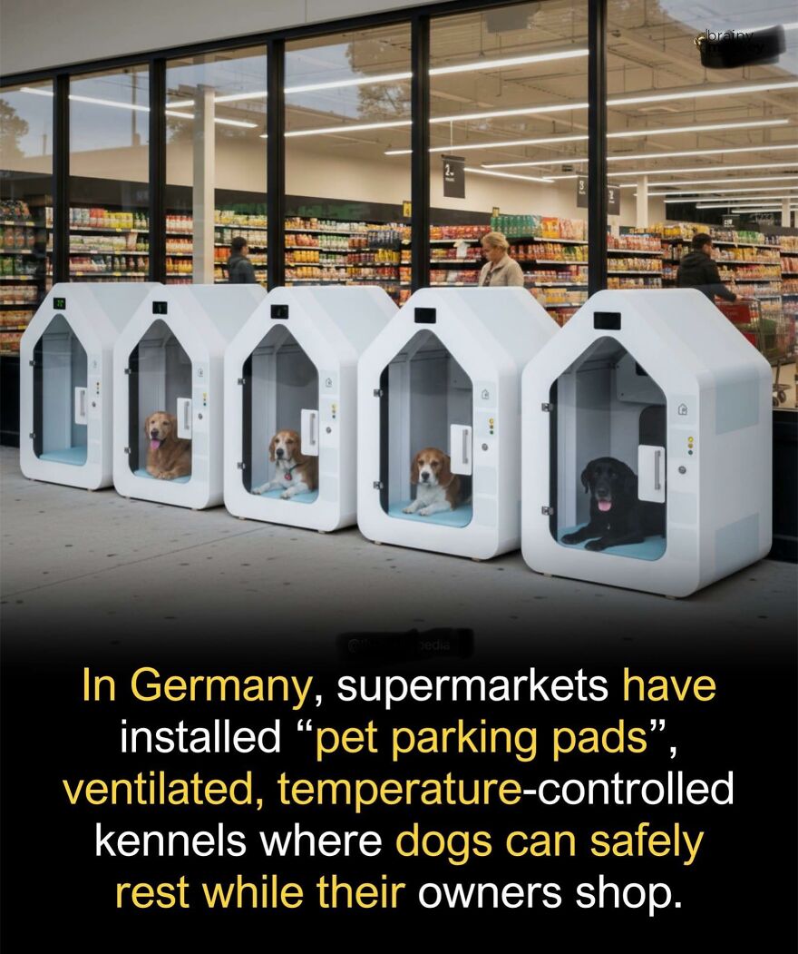 Ventilated pet parking pads with temperature control outside German supermarkets for dogs to safely rest.