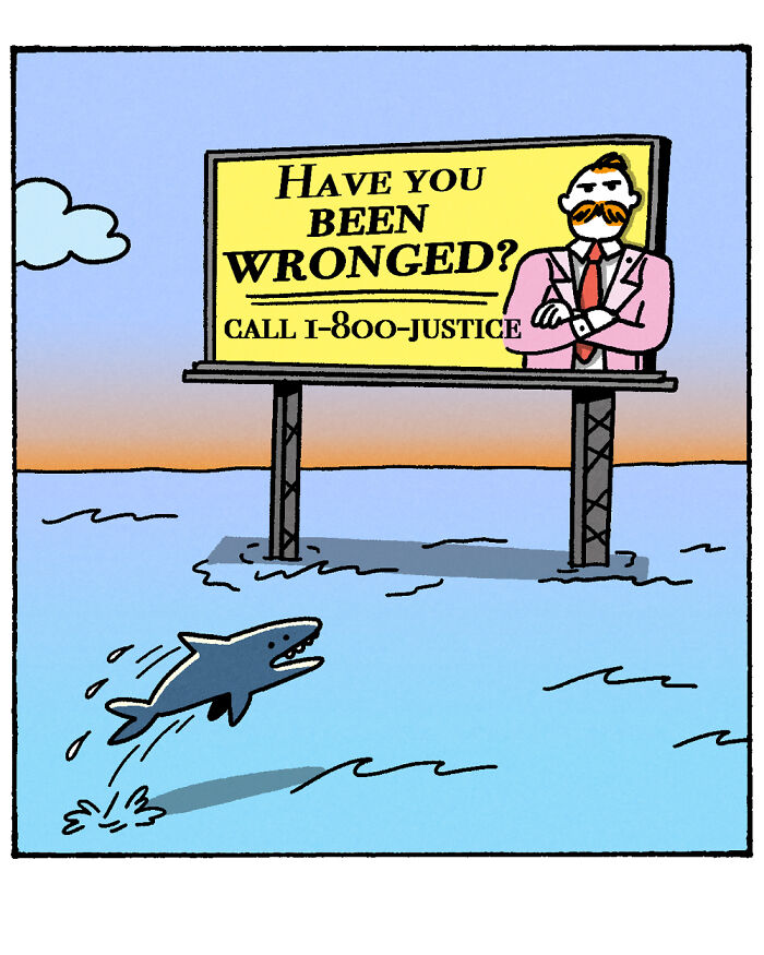 War and Peas comic panel featuring a shark and dolphin discussing the concept of land in a dark, absurd style