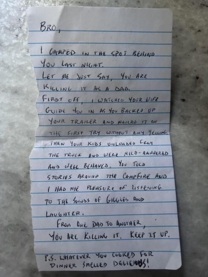 Handwritten note praising dad's camping skills and family moments, reflecting heartfelt spill now photos and facts.