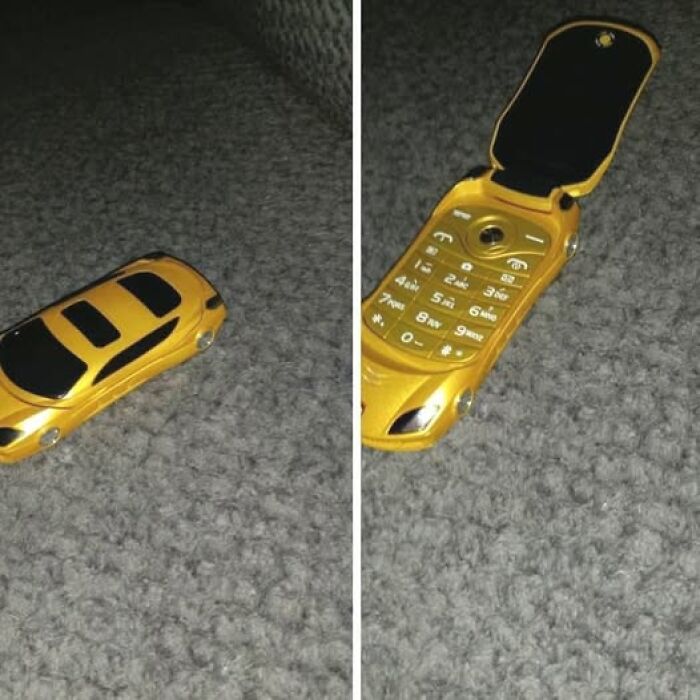 Yellow flip phone shaped like a sports car shown closed and open on a grey carpet in a collection of pics that go hard.