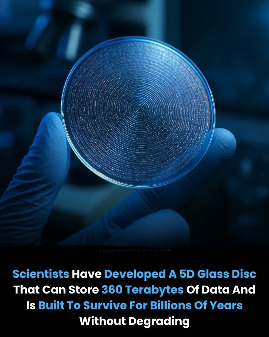 Close-up of a 5D glass disc storing 360 terabytes of data, highlighting innovative facts for those who enjoy learning new things.