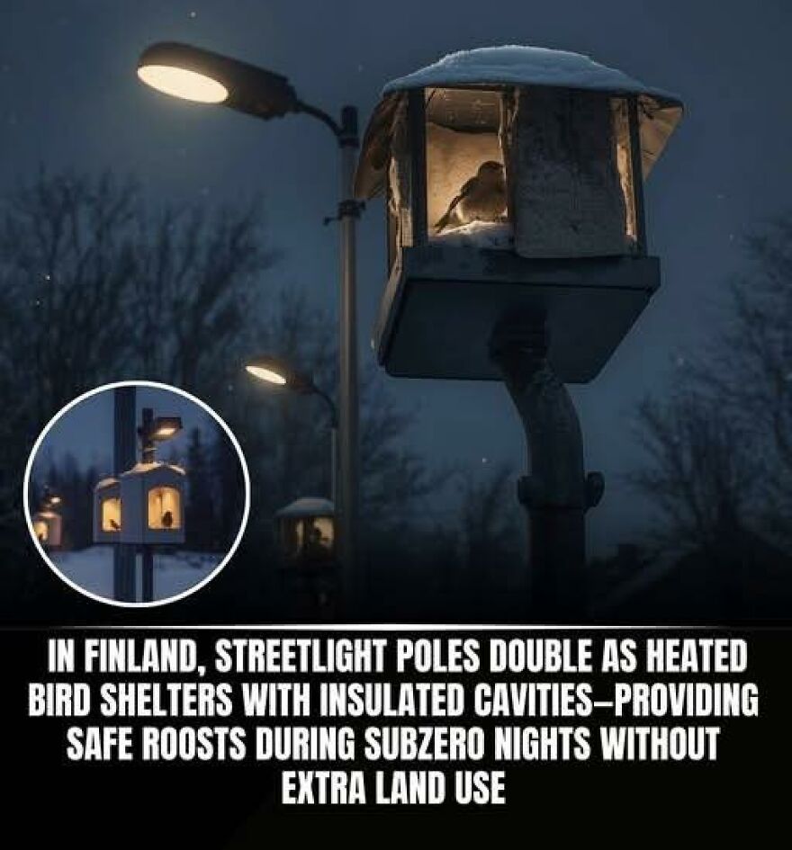 Streetlight poles in Finland act as heated bird shelters, offering safe roosts during cold nights, a fascinating new fact.