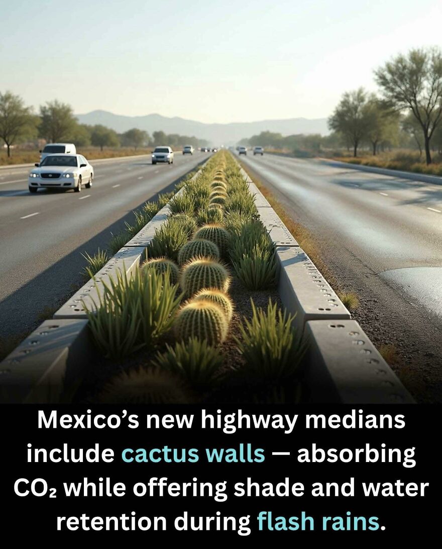 Highway median in Mexico with cactus walls absorbing CO2 and improving water retention during flash rains.