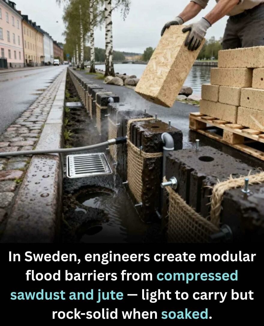 Modular flood barriers made from compressed sawdust and jute in Sweden showcasing innovative learning about new things.