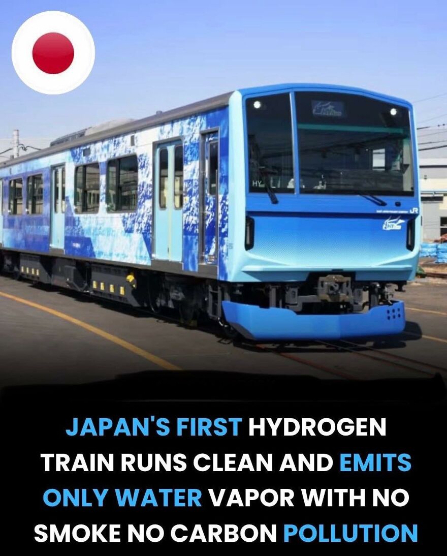 Blue hydrogen train in Japan emitting only water vapor, showcasing clean technology and pollution-free innovation facts.