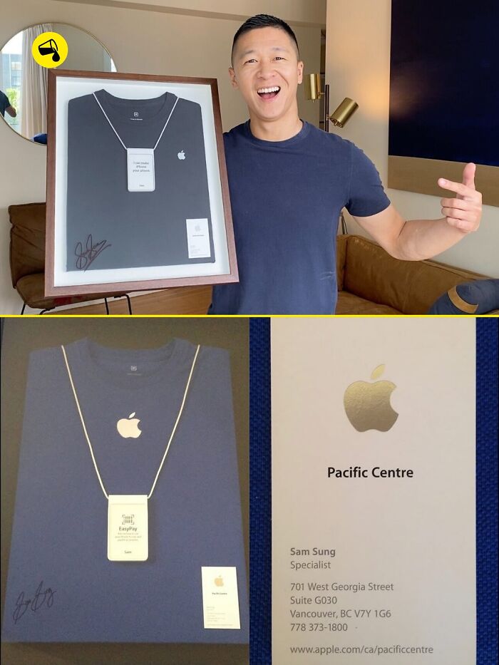 Man holding framed Apple T-shirt with Pacific Centre details, highlighting unique photos and facts that reveal new perspectives.