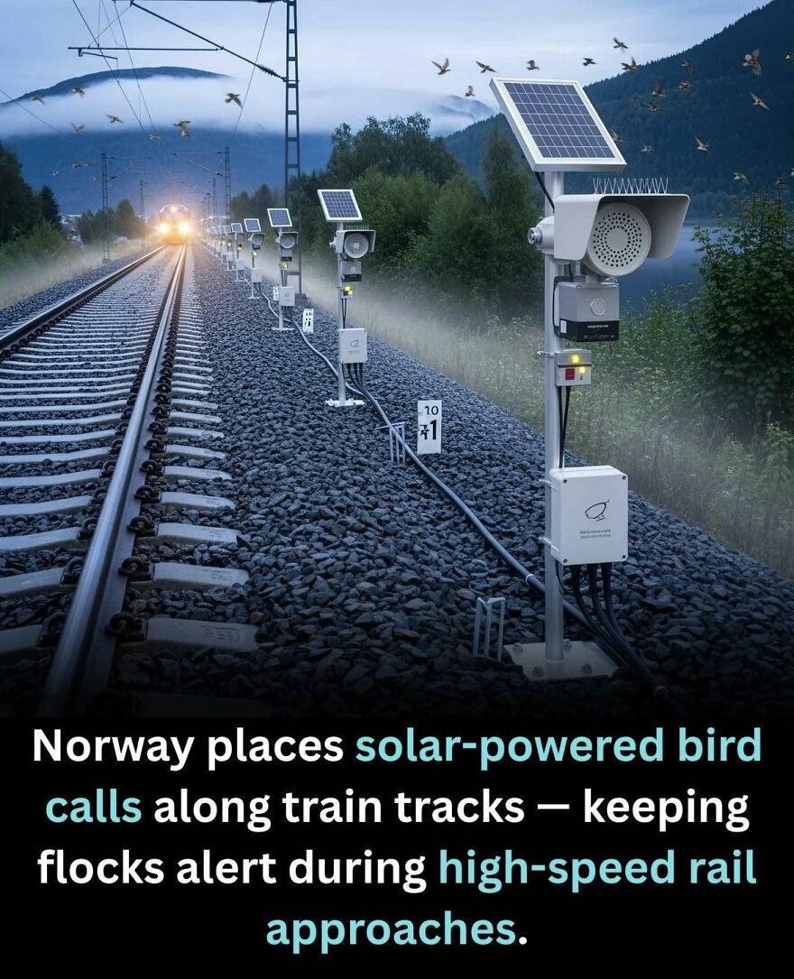 Solar-powered bird calls installed along train tracks keep flocks alert to high-speed rail approaches in Norway.