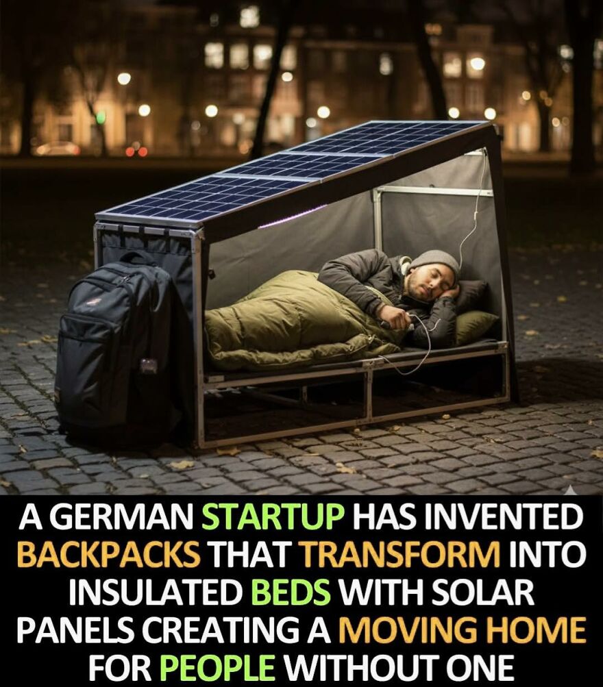 Man sleeping in an insulated bed transformed from a backpack with solar panels, showcasing innovative facts for curious learners.