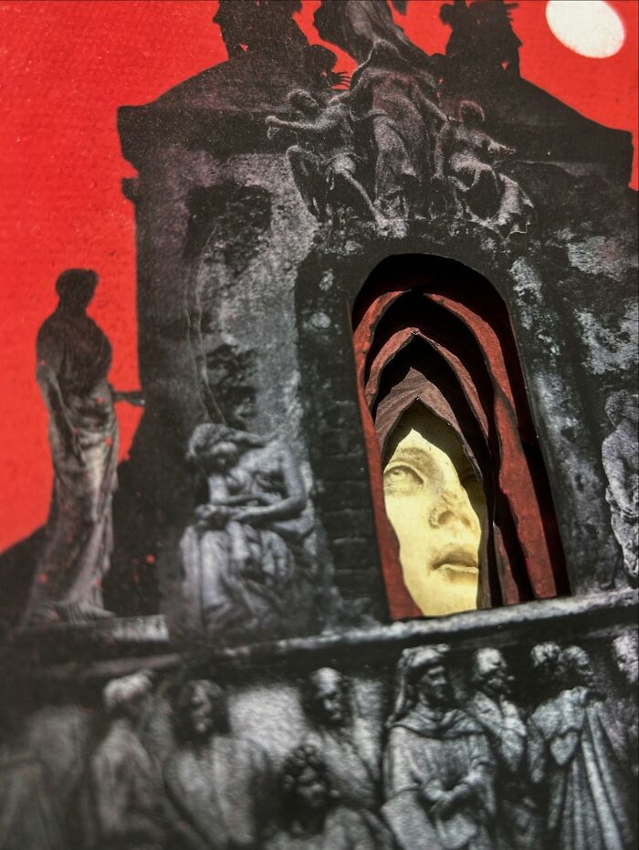 Intricate collage featuring classical statues with a large face at the center against a red background and white moon.