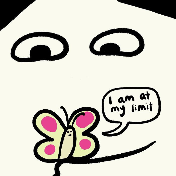 Simple doodle of a person holding a butterfly and talking to a dog, showing funny and relatable everyday thoughts.