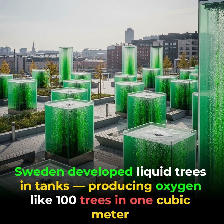 Green liquid trees in tanks in Sweden producing oxygen, an interesting fact for those who like learning about new things.