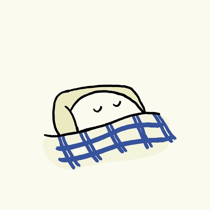 Funny and relatable doodle of a character remembering a random meme before bed, capturing everyday thoughts humorously.