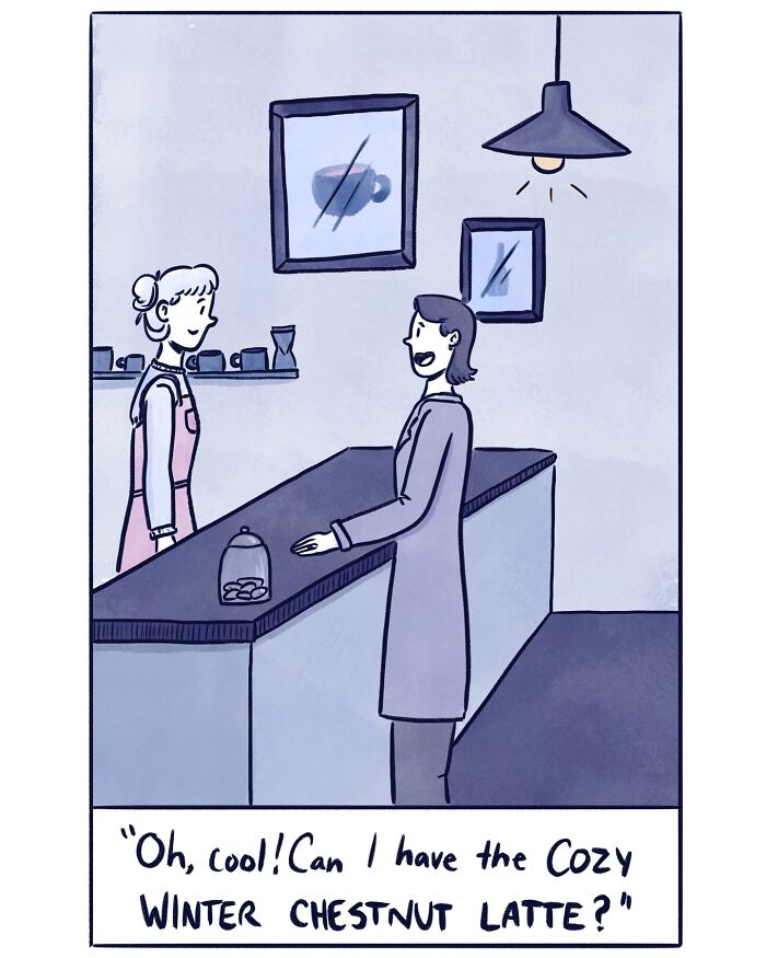 Coffee shop comic showing a barista announcing the return of a seasonal winter menu with festive drinks.