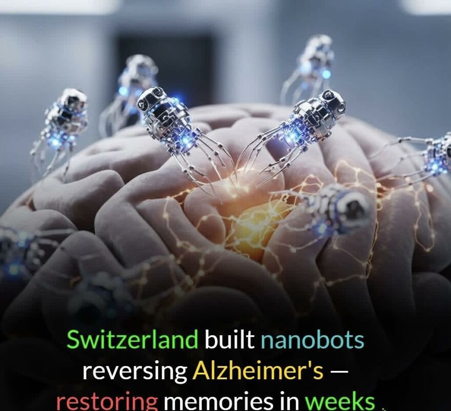 Nanobots interacting with a brain representing advanced technology for learning new facts and reversing Alzheimer’s.