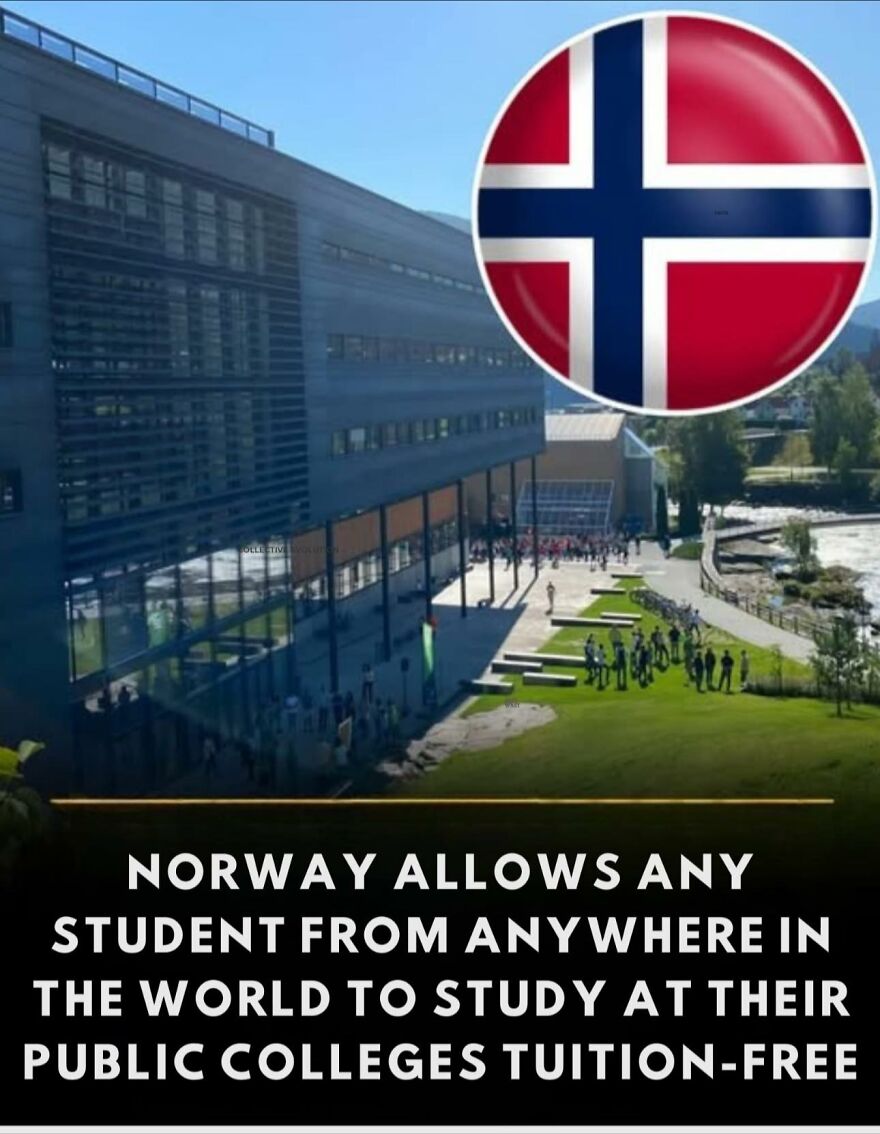 Modern college campus with students and Norway flag, highlighting tuition-free public college facts for global learners.