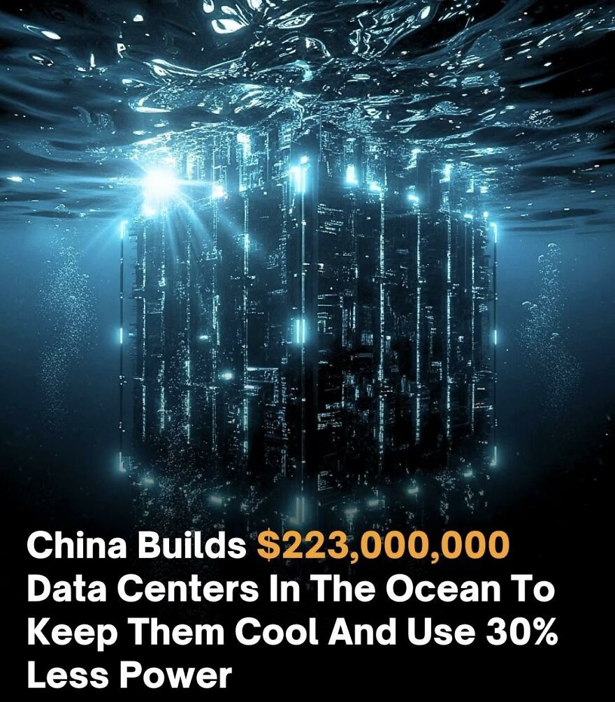 Underwater futuristic data center glowing blue, illustrating new facts about technology and energy efficiency advancements.