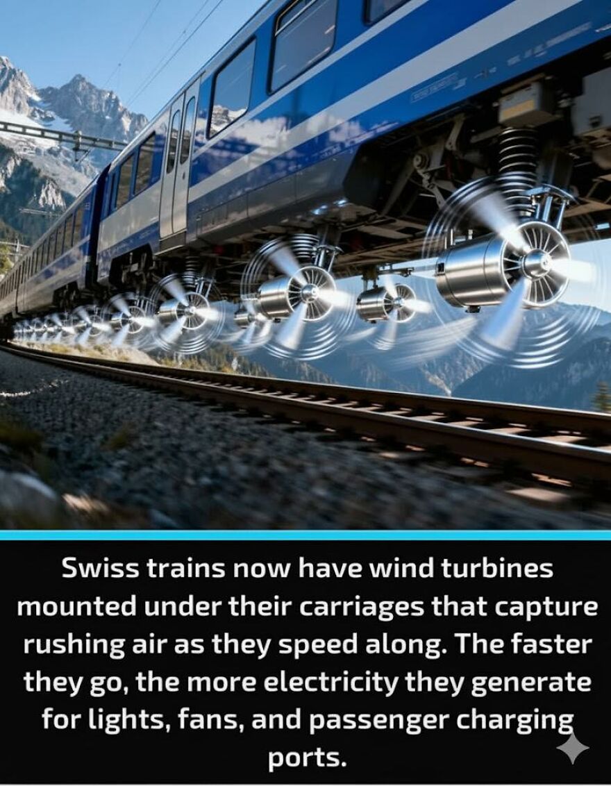 Swiss trains with wind turbines under carriages generate electricity from rushing air to power lights and charging ports.