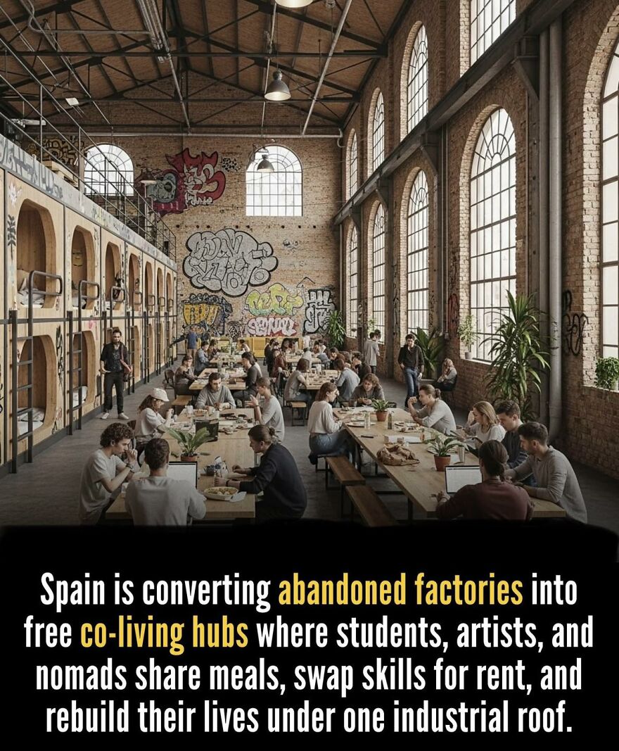 Abandoned factories in Spain converted into co-living hubs where students and artists share meals and skills.