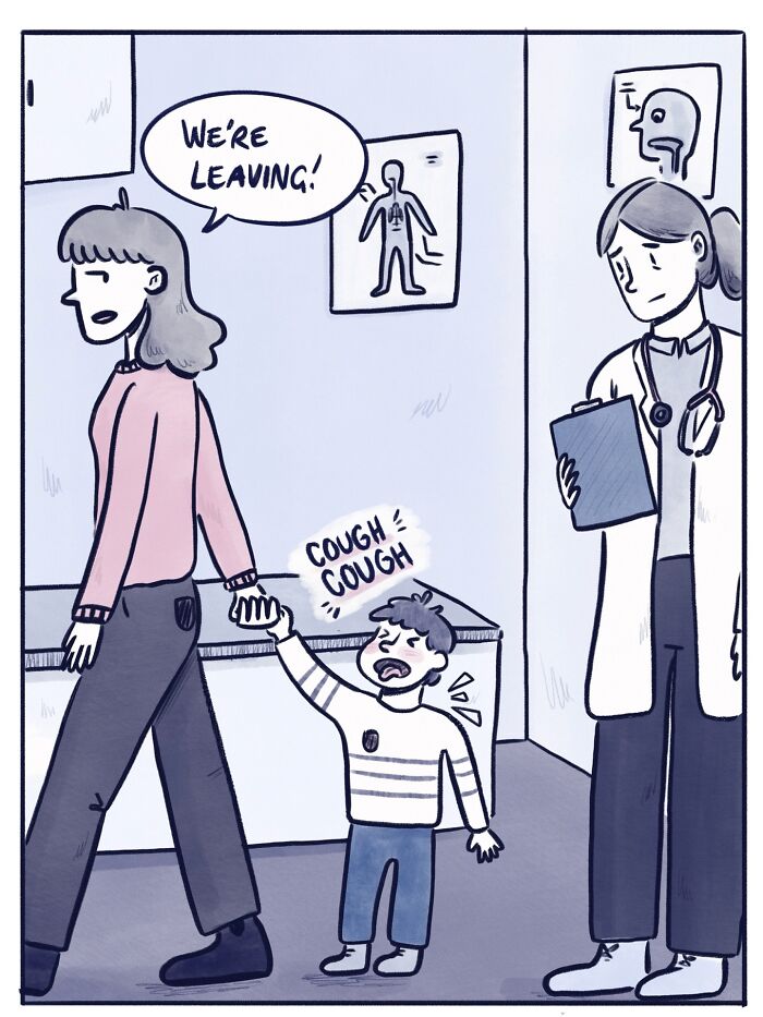 Funny and honest comic showing a mother refusing vaccination for her child in a doctor’s office scene.