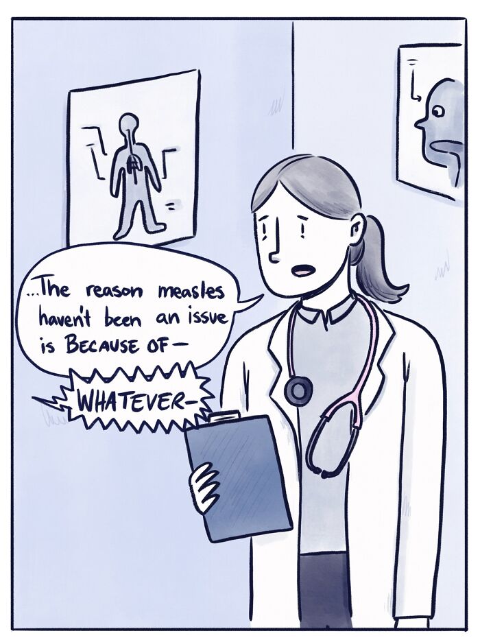 Funny and honest comic showing a mother refusing vaccination for her child in a doctor’s office scene.