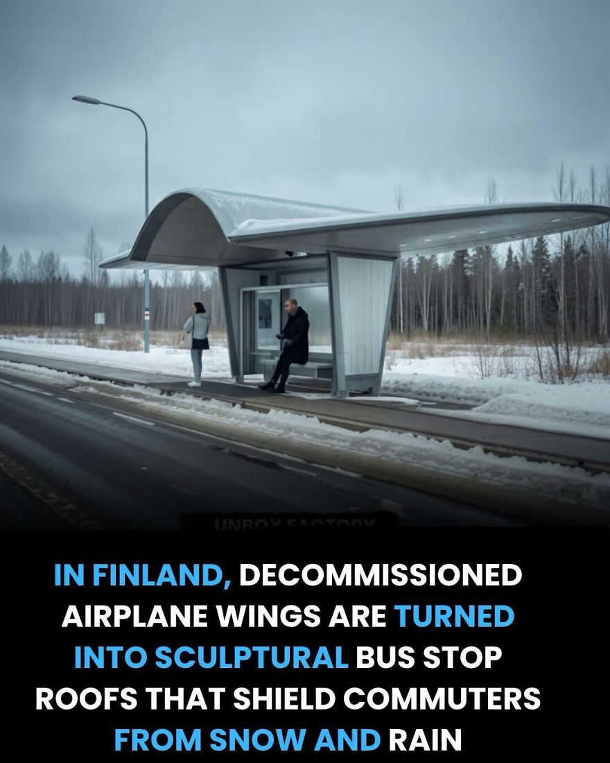 Bus stop in Finland made from decommissioned airplane wings sheltering commuters from snow and rain.