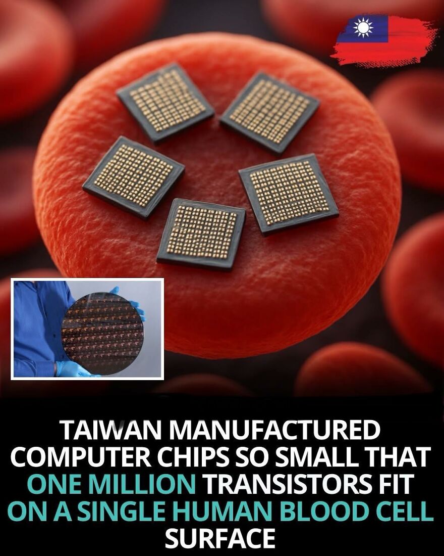 Tiny computer chips with one million transistors fit on a single human blood cell, showcasing fascinating tech facts.