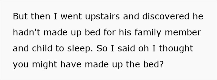 Text excerpt showing a wife’s frustration after discovering her husband didn’t make the bed for their family member. Text excerpt showing a wife’s frustration after discovering her husband didn’t make the bed for their family member.