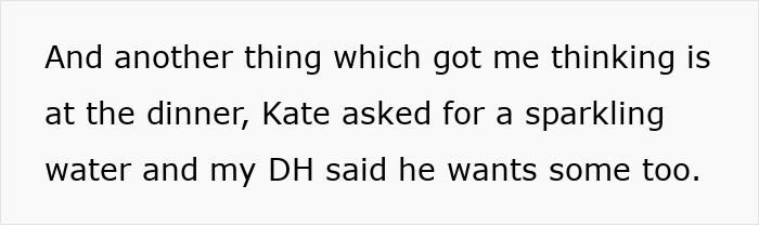 Text snippet showing a dinner conversation where a husband expresses interest in sparkling water, raising suspicion during holiday. Text snippet showing a dinner conversation where a husband expresses interest in sparkling water, raising suspicion during holiday.