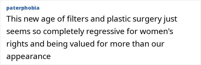 Text post discussing the regression of women's rights and appearance focus amid plastic surgery and filters speculation. Text post discussing the regression of women's rights and appearance focus amid plastic surgery and filters speculation.