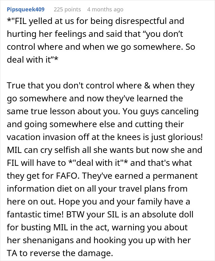 Screenshot of Reddit comment discussing MIL coming on a couple’s vacation and being outplayed by their travel plans. Screenshot of Reddit comment discussing MIL coming on a couple’s vacation and being outplayed by their travel plans.