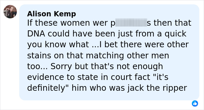 User's social media comment expressing doubt about the DNA evidence linking Jack the Ripper to the crimes.