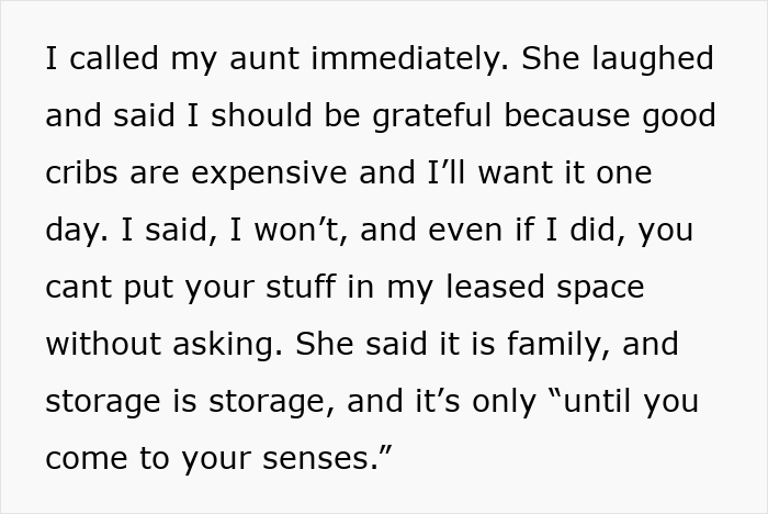 Text conversation about aunt crib storage baby, discussing expensive cribs and using leased space for family storage. Text conversation about aunt crib storage baby, discussing expensive cribs and using leased space for family storage.