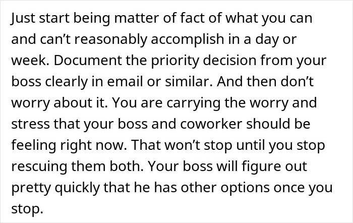 Text discussing workplace stress and priorities, highlighting coworker impact and handling what one shouldn’t do.