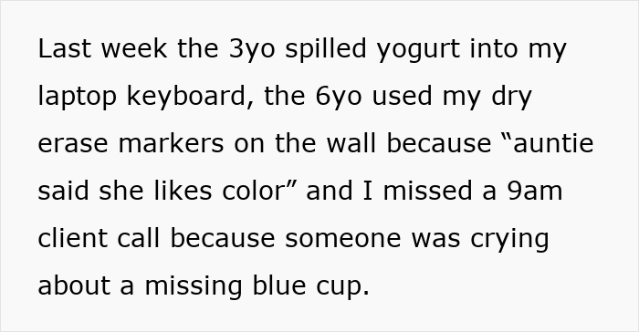 Text showing a mom recounting challenges of babysitting kids including spilled yogurt, marker mishaps, and missed calls. Text showing a mom recounting challenges of babysitting kids including spilled yogurt, marker mishaps, and missed calls.