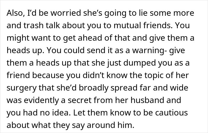 Alt text: Woman’s friendship crumbles after exposing friend’s secret about surgery to her husband causing trust issues. Alt text: Woman’s friendship crumbles after exposing friend’s secret about surgery to her husband causing trust issues.