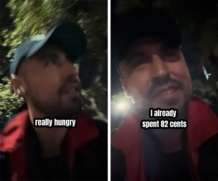 Comedian in NYC at night discussing being really hungry and spending 82 cents during $100 survival challenge. Comedian in NYC at night discussing being really hungry and spending 82 cents during $100 survival challenge.