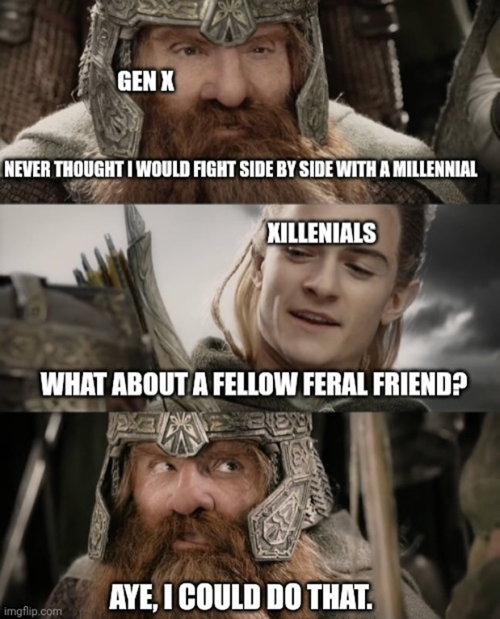 Characters from a fantasy film humorously discussing Gen X and Xillennials representing generation name chaos. Characters from a fantasy film humorously discussing Gen X and Xillennials representing generation name chaos.